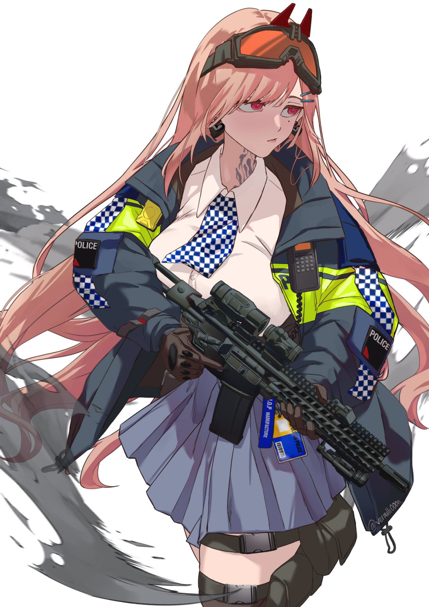 1girl assault_rifle bangs black_legwear blue_jacket blue_skirt breasts brown_gloves closed_mouth earrings eyebrows_visible_through_hair eyewear_on_head feet_out_of_frame girls'_frontline gloves gun hair_ornament hairclip heart heart_earrings highres holding holding_gun holding_weapon jacket jewelry large_breasts lips long_hair looking_away mole mole_under_eye neck_tattoo open_clothes open_jacket pink_hair police police_uniform policewoman purple_eyes rifle safety_glasses serious shirt sig_mcx_(girls'_frontline) sig_sauer sig_sauer_mcx simple_background skirt smoke solo standing tattoo thighhighs uniform vermilli000n walkie-talkie weapon white_background white_shirt