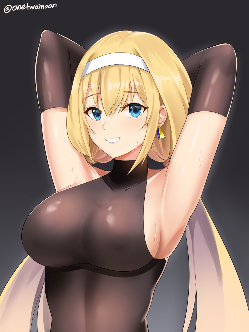 1girl absurdres armpits arms_behind_head artist_name black_background black_gloves blush bodystocking breasts commission elbow_gloves eyebrows_visible_through_hair gloves hairband highres large_breasts long_hair mitsuba_greyvalley parted_lips sideboob skin_tight smile solo super_robot_wars super_robot_wars_30 sweat twomoon upper_body white_hairband