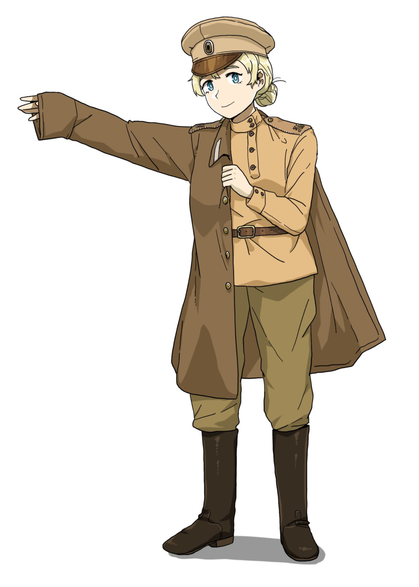 1girl anyan_(jooho) bangs black_footwear blonde_hair blue_eyes boots brown_coat brown_headwear brown_jacket brown_pants coat full_body hair_bun hat highres jacket long_sleeves military military_hat military_jacket military_uniform original pants simple_background solo standing uniform white_background world_war_i