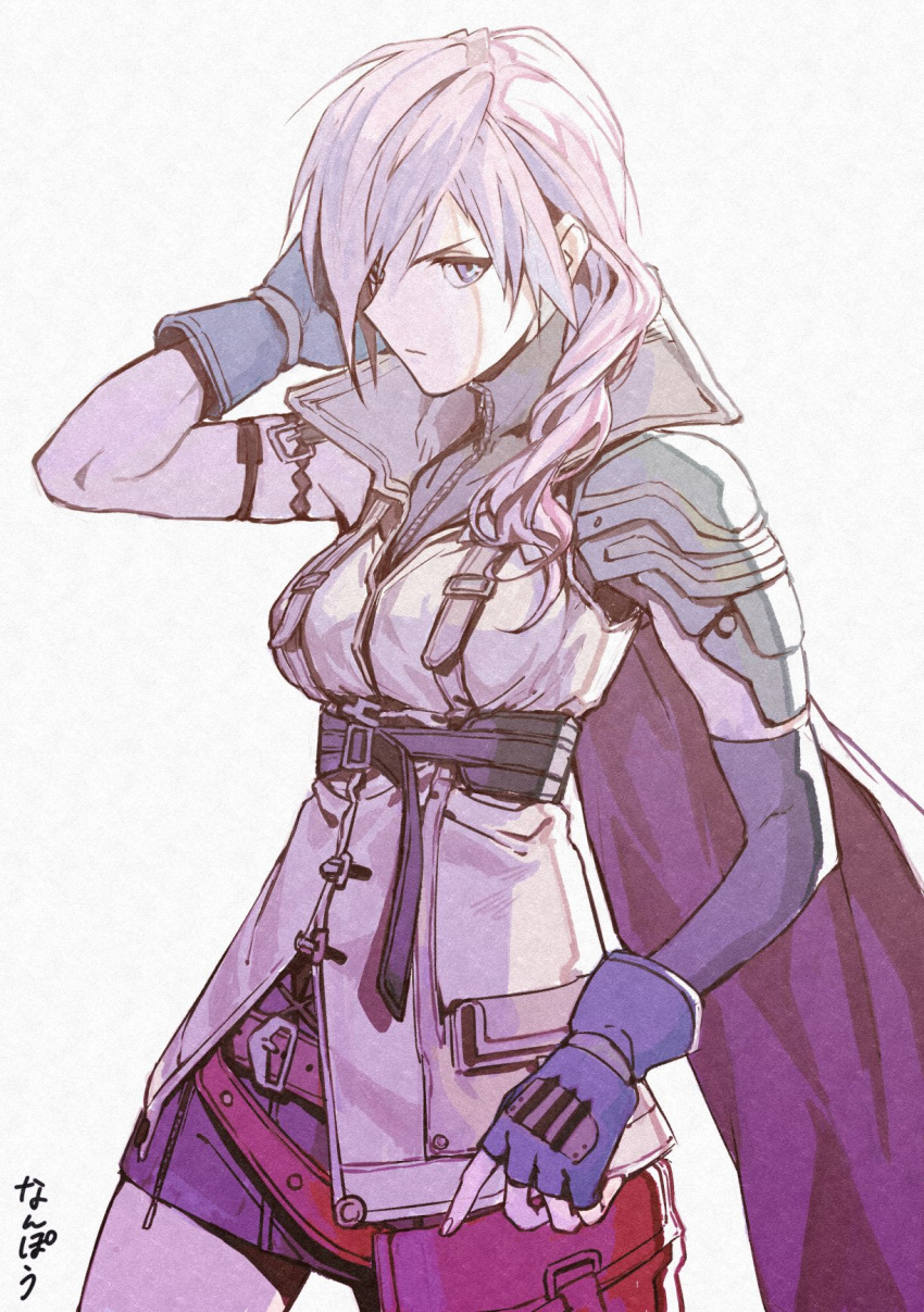 1girl arm_behind_head armlet armor asymmetrical_hair belt cape elbow_gloves final_fantasy final_fantasy_xiii fingerless_gloves gloves highres lightning_farron looking_at_viewer nanpou_(nanpou0021) pink_hair shoulder_armor skirt solo zipper zipper_pull_tab