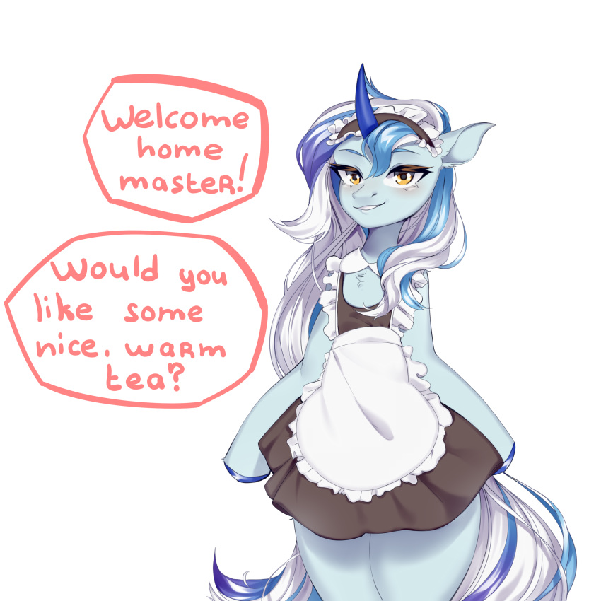 absurd_res ambiguous_gender anthro blue_hair blue_horn blue_tail blush clothed clothing crossdressing dialogue equid equine eyelashes fan_character grey_body hair hasbro hi_res horn maid_apron maid_headdress maid_uniform male_(lore) mammal multicolored_hair multicolored_tail my_little_pony reesoochan saphir_glitzern simple_background smile smiling_at_viewer solo unicorn uniform white_background white_hair white_tail yellow_eyes