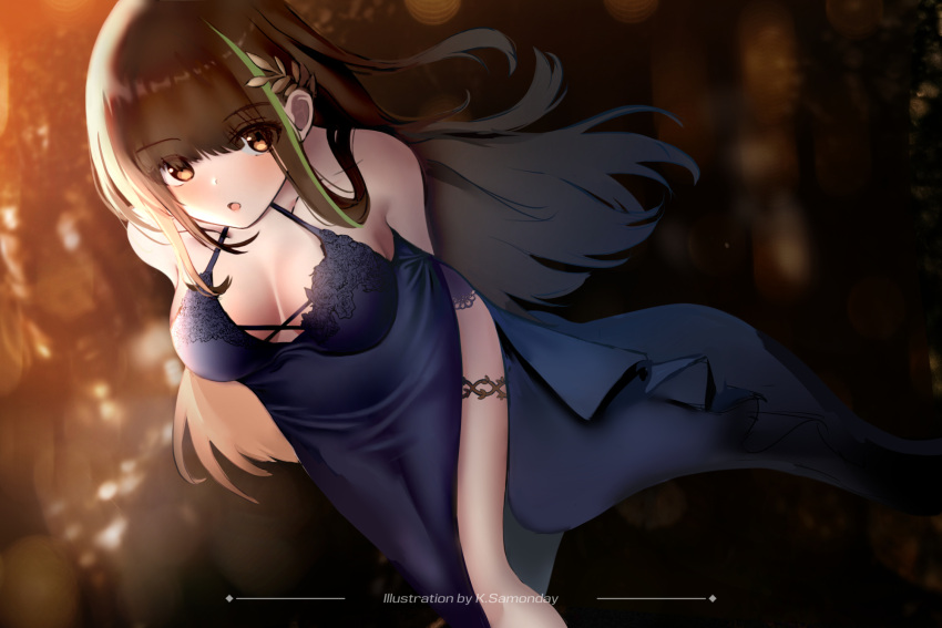 1girl arm_behind_back artist_name bangs bare_shoulders blue_dress blush breasts brown_eyes brown_hair cleavage collarbone dress eyebrows_visible_through_hair feet_out_of_frame from_behind girls'_frontline highres ksartworks long_hair looking_at_viewer m4a1_(girls'_frontline) m4a1_(suspender_of_time)_(girls'_frontline) medium_breasts multicolored_hair official_alternate_costume open_mouth solo standing