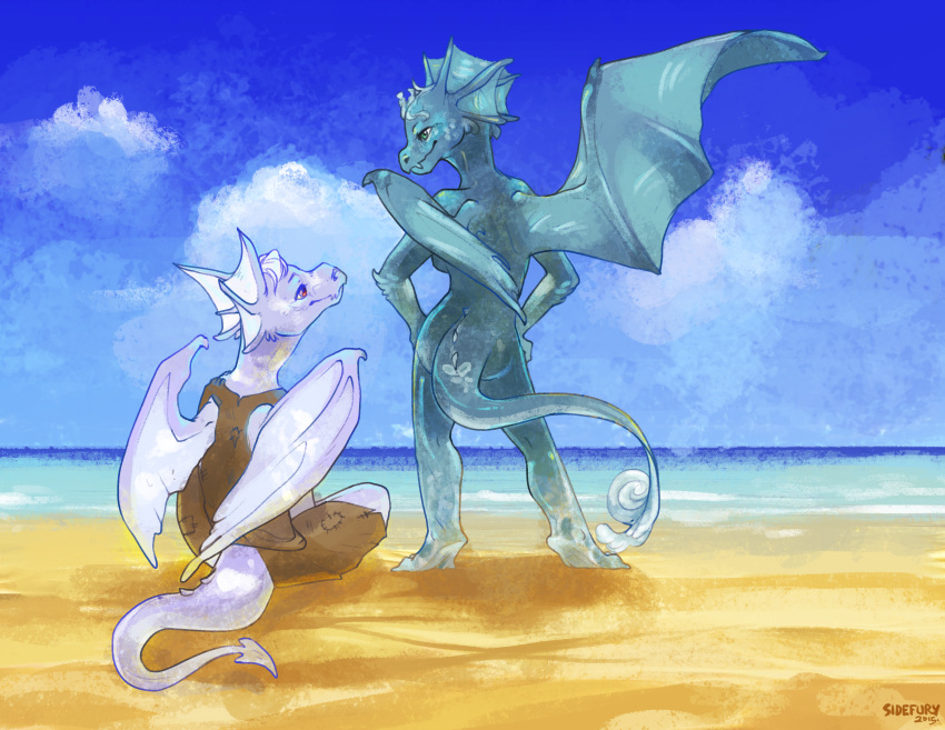 2015 absurd_res anthro beach breasts clothed clothing cloud detailed_background dragon draik_(neopets) duo female green_body green_eyes hi_res jumpstart_games neopet_(species) neopets non-mammal_breasts nude pink_body red_eyes sand seaside sidefury sky video_games water wings