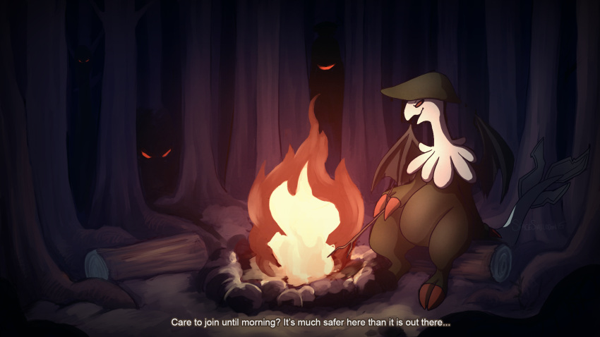 2015 2_fingers 2_toes ambiguous_gender anthro breloom campfire claws detailed_background dialogue featureless_crotch feet fingers fire forest ghost glowing glowing_eyes green_body hi_res hybrid log nintendo plant pok&eacute;mon pok&eacute;mon_(species) red_eyes rock solo spacesmilodon spirit toes tree video_games wings wood