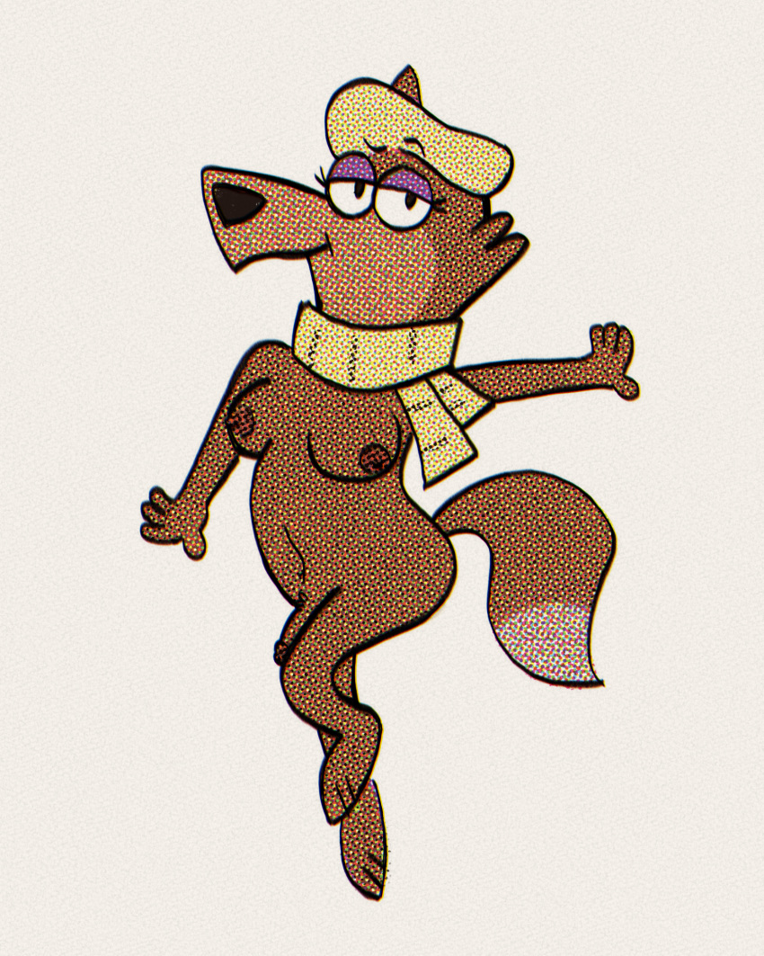 anthro beret breasts canid canine canis clothed clothing genitals gynomorph halftone hanna-barbera hat headgear headwear hi_res intersex jellystone_(hbo_max) loopy_(loopy_de_loop) loopy_de_loop mammal mostly_nude nipples nude partially_clothed penis pinup pose scarf sexylinguini simple_background solo trans_(lore) trans_woman_(lore) wolf
