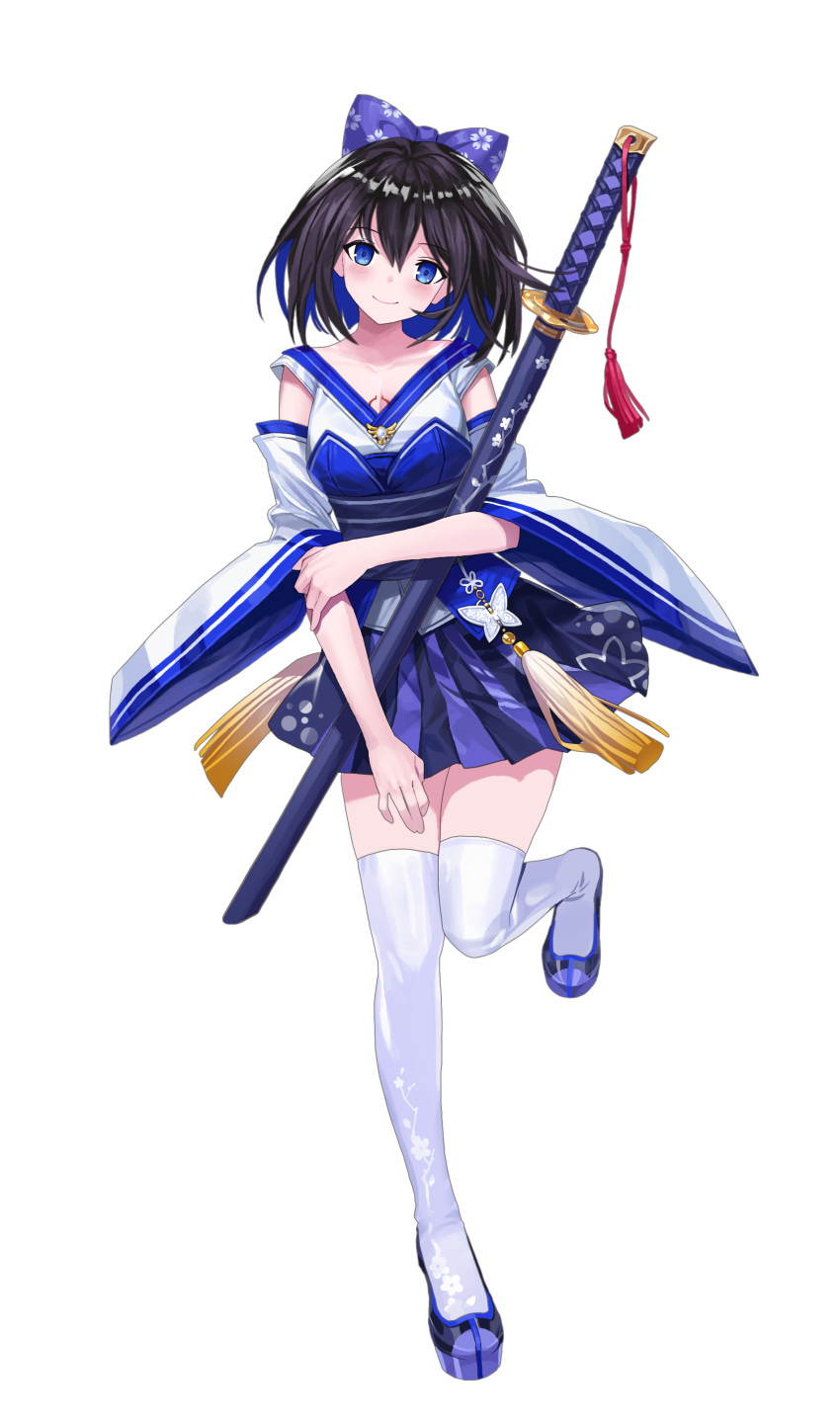 1girl absurdres bangs bare_shoulders blue_eyes blue_footwear blue_hair bow closed_mouth full_body hair_bow highres holding holding_sword holding_weapon honkai_(series) honkai_impact_3rd japanese_clothes jus_(user_zvzz7288) katana looking_at_viewer seele_vollerei sheath sheathed simple_background smile solo sword tattoo thighhighs weapon white_background white_legwear