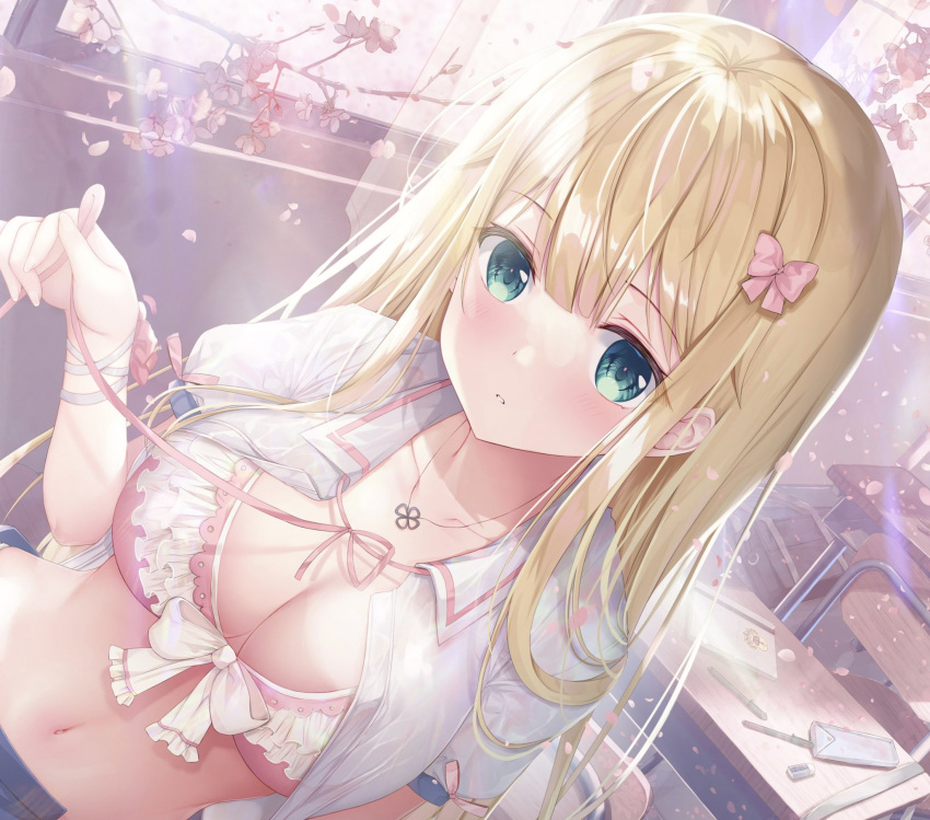 1girl arm_ribbon blonde_hair blush bow bow_bra bra branch breasts chair cherry_blossoms classroom cleavage collarbone collared_shirt commentary_request curtains desk eraser green_eyes hair_bow hair_ornament hairclip highres jewelry lace_trim large_breasts long_hair looking_at_viewer midriff navel necklace notebook open_clothes open_shirt open_window original pen pencil_case petals pink_bra ribbon ribbon_trim school_uniform shadow shirt solo sousouman string_pull sunlight tree underwear window