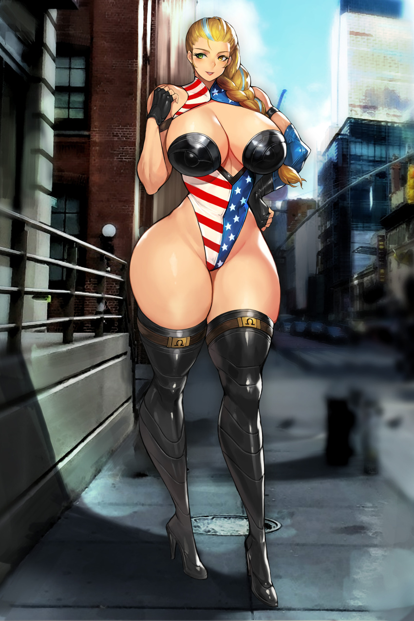 1girl absurdres american_flag american_flag_print asymmetrical_gloves bench black_legwear blonde_hair blush braid breasts cleavage curvy fingerless_gloves flag_print gloves green_eyes gurimjang hair_over_shoulder hair_slicked_back hand_on_hip heterochromia highleg highleg_leotard highres leotard long_hair mount_olympus_comics outdoors patriotika revealing_clothes smile solo standing thighhighs yellow_eyes