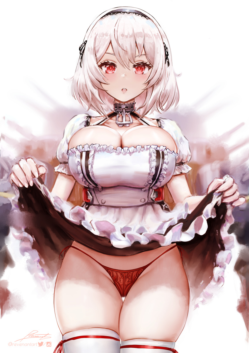 1girl :o anchor_symbol azur_lane bangs battleship blurry blurry_background breasts cleavage clothes_lift collar cowboy_shot dress frilled_dress frills groin hairband highres large_breasts lifted_by_self looking_at_viewer military military_vehicle open_mouth panties red_eyes red_panties revenantart ship short_hair signature sirius_(azur_lane) skindentation skirt skirt_lift solo teeth thigh_gap thighhighs thighs underwear upper_teeth warship watercraft white_dress white_hair white_legwear