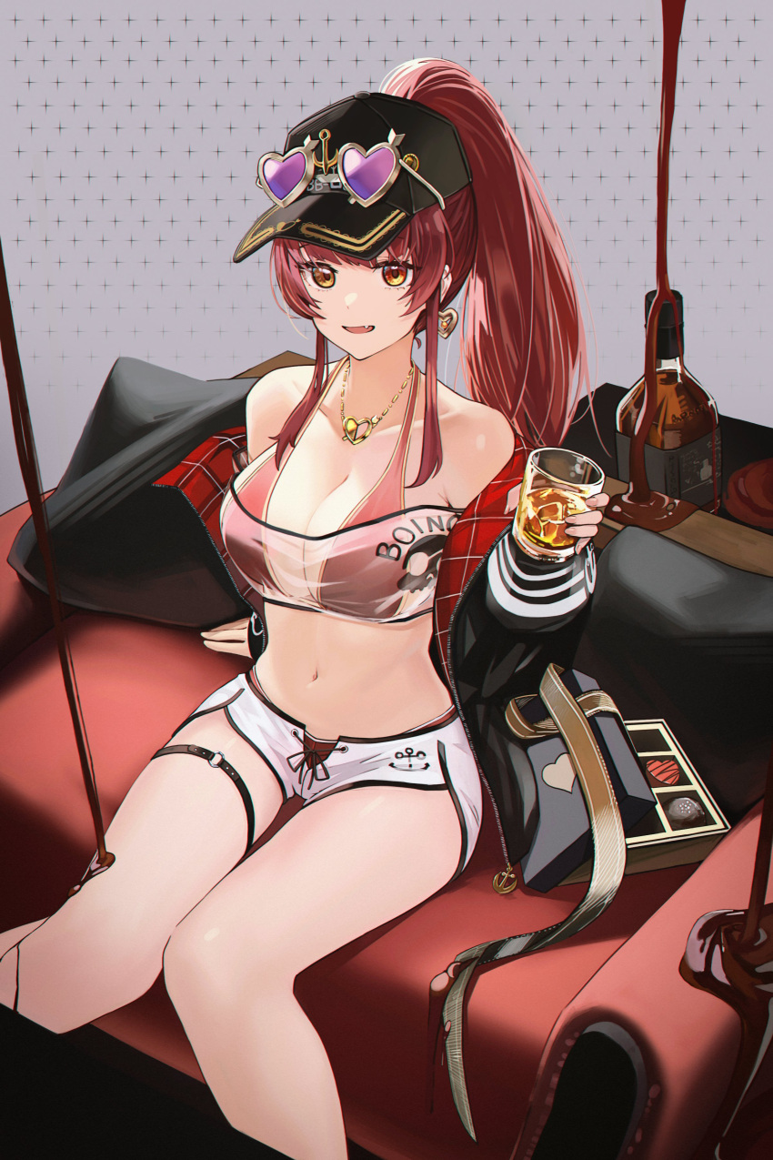 1girl :d absurdres alcohol anchor_symbol anizi arrow_through_heart bangs bare_legs bare_shoulders baseball_cap bikini bikini_under_clothes black_headwear black_jacket bottle box box_of_chocolates breasts chocolate cleavage commentary couch crop_top cup dolphin_shorts drinking_glass earrings eyebrows_visible_through_hair eyewear_on_headwear fang feet_out_of_frame gold_trim hand_up hat heart heart-shaped_eyewear heart_earrings heart_necklace heterochromia highres holding holding_cup hololive houshou_marine jacket jacket_partially_removed jewelry large_breasts long_hair long_sleeves looking_at_viewer midriff navel necklace off-shoulder_shirt off_shoulder official_alternate_costume on_couch open_box ponytail red_bikini red_eyes see-through shirt short_shorts shorts sidelocks sitting smile stomach sunglasses swimsuit t-shirt thigh_strap thighs valentine virtual_youtuber whiskey white_shorts yellow_eyes