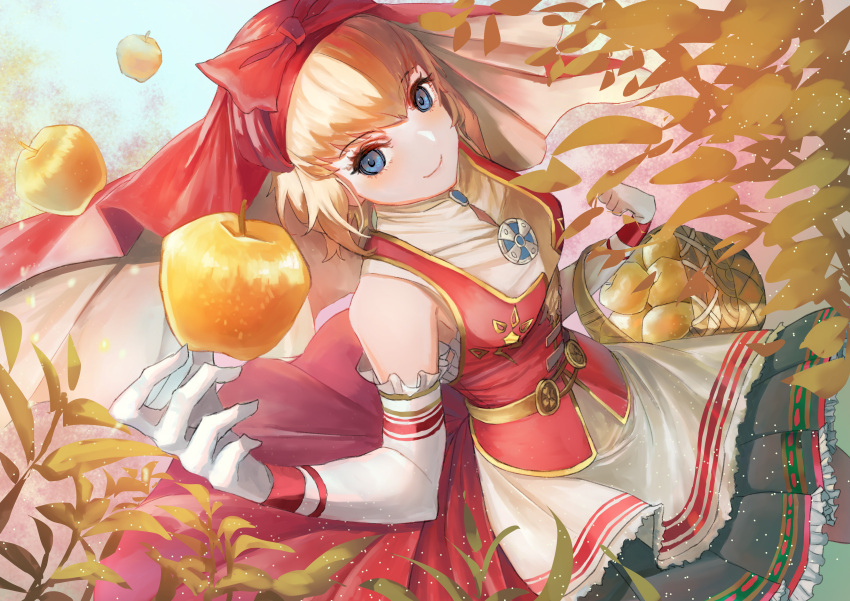 1girl absurdres apple apron bare_shoulders basket blonde_hair blue_eyes blush breasts dress elbow_gloves food frills fruit garter_straps gloves golden_apple highres hood idunn_(megami_tensei) looking_at_viewer mochigana shin_megami_tensei shin_megami_tensei_v short_hair simple_background skirt smile solo thighhighs