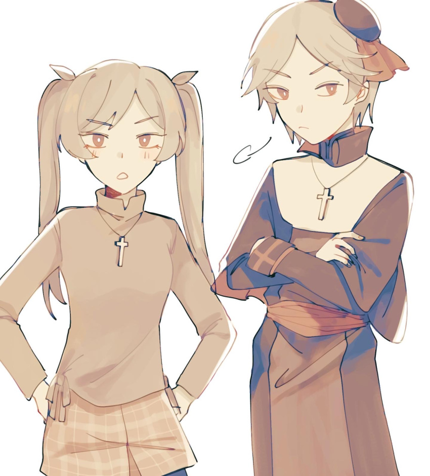 1boy 1girl blush brown_eyes brown_hair clothing_request cody_toscarina collared_shirt cross cross_necklace crossed_arms dogma_toscarina end_roll hands_on_hips highres jewelry long_hair long_sleeves nabob necklace pale_skin priest shirt short_hair sigh twintails white_background