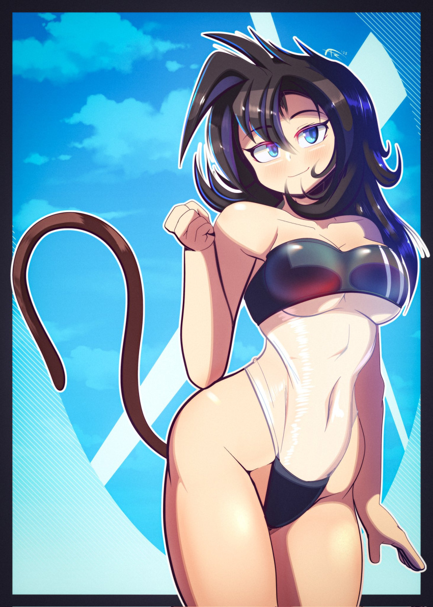 1girl black_hair blue_background blue_eyes cloud commission commissioner_upload dragon_ball dragon_ball_xenoverse english_commentary freakyed gris_swimsuit highres long_hair meme_attire messy_hair monkey_tail navel original saiyan sky swimsuit tail zou_(ashiyashirou)