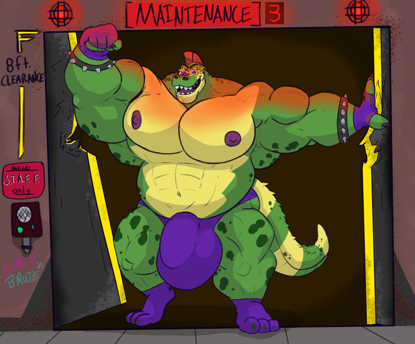 2021 abs absurd_res alligator alligatorid anthro barazoku biceps big_bulge big_muscles bracelet bulge claws clothing crocodilian detailed_bulge door english_text eyebrows eyewear fingerless_gloves five_nights_at_freddy's five_nights_at_freddy's:_security_breach flexing gloves handwear hi_res huge_bulge huge_muscles hyper hyper_bulge hyper_muscles inside jewelry male mohawk montgomery_gator_(fnaf) muscular muscular_anthro muscular_male navel nipples non-mammal_nipples obliques open_mouth open_smile pecs reptile scalie scottgames smile solo spacebrute spiked_bracelet spikes standing sunglasses teeth text thong underwear vein video_games
