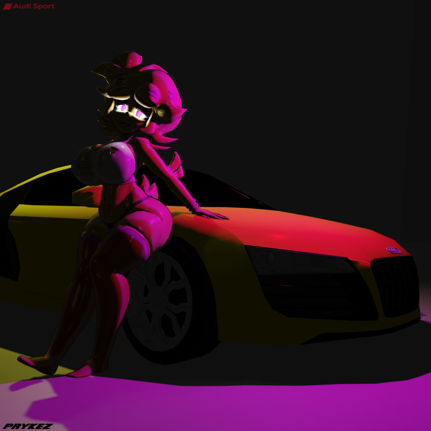 absurd_res audi audi_r8 avian big_breasts bird black_clothing black_thong black_underwear breasts car chica_(cally3d) chica_(fnaf) chicken clothing feathers female five_nights_at_freddy's galliform gallus_(genus) glowing glowing_eyes hi_res legwear orange_clothing orange_legwear orange_stockings phasianid prykez purple_eyes scottgames solo stockings thong underwear vehicle video_games yellow_body yellow_feathers