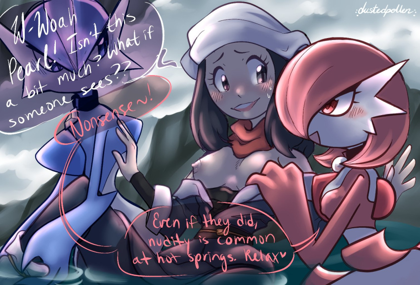 breasts clothing diamond_(dustedpollen) dustedpollen female female/female gallade gardevoir group hot_spring human humanoid male male/female mammal nintendo pearl_(dustedpollen) platie_(dustedpollen) pok&eacute;mon pok&eacute;mon_(species) undressing video_games water