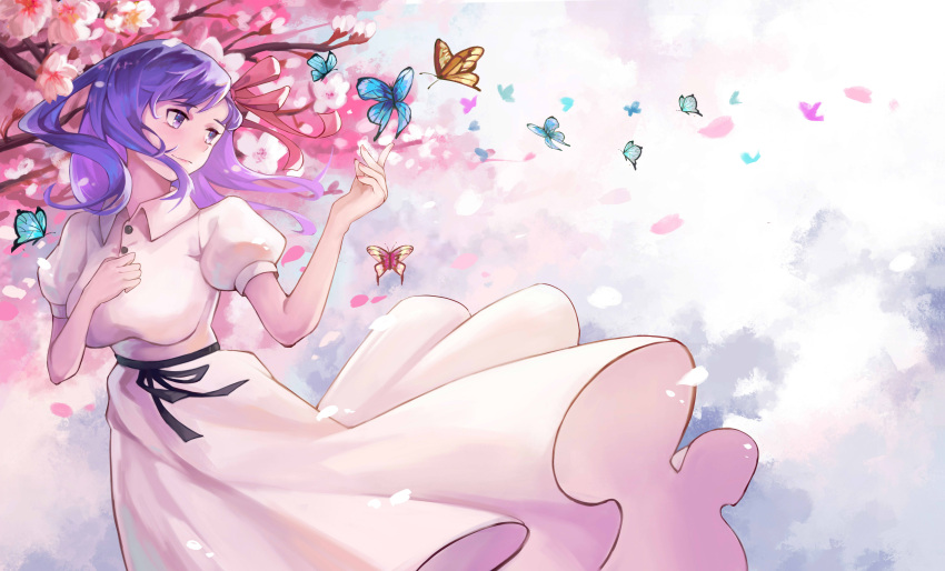 1girl absurdres black_ribbon breasts bug butterfly cherry_blossoms chinese_commentary closed_mouth collared_dress commentary_request dress fate/stay_night fate_(series) hair_ribbon hand_on_own_chest hand_up highres large_breasts light_smile long_hair looking_afar matou_sakura nekocat puffy_short_sleeves puffy_sleeves purple_eyes purple_hair red_ribbon ribbon short_sleeves solo upper_body