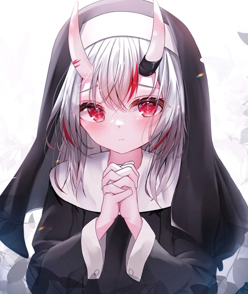 1girl bangs black_dress blush closed_mouth dress habit hair_between_eyes hands_up highres hololive horns long_sleeves looking_at_viewer multicolored_hair nakiri_ayame nun oni_horns own_hands_clasped own_hands_together razerman121 red_eyes red_hair silver_hair solo streaked_hair upper_body virtual_youtuber