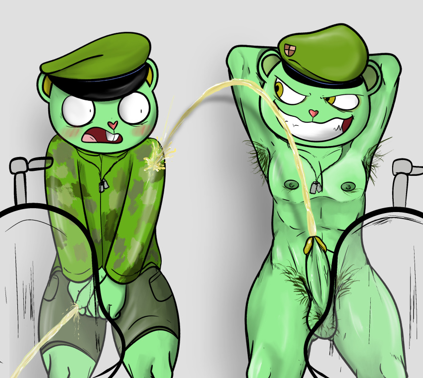 anthro armpit_hair blush bodily_fluids body_hair clothed clothed/nude clothed_male_nude_male clothing duo erection flaccid flexing flippy_(htf) foreskin genital_fluids genitals hair happy_tree_friends hi_res illegaleel male male/male mammal nipples nude peeing peeing_on_another penis pubes smile toilet_use urinal urine urine_stream ursid watersports