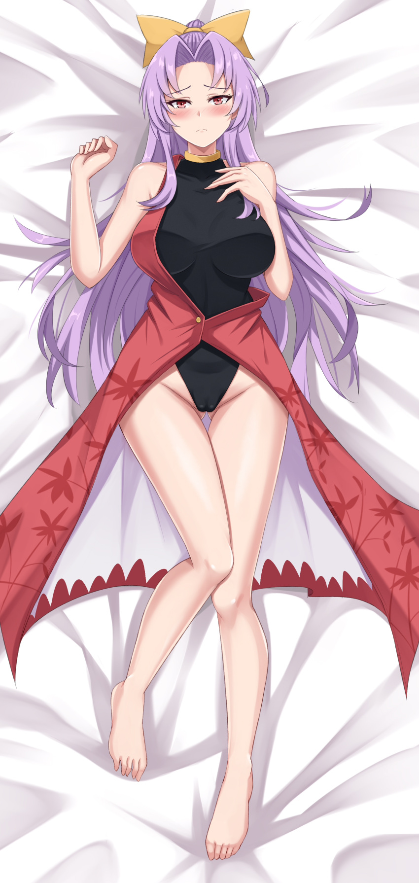 1girl absurdres bare_shoulders barefoot blush breasts breasts_apart collarbone commentary_request dakimakura_(medium) dress frown highres large_breasts leotard long_hair looking_at_viewer lying on_back pink_eyes purple_hair red_dress solo touhou very_long_hair watatsuki_no_yorihime wuwusan