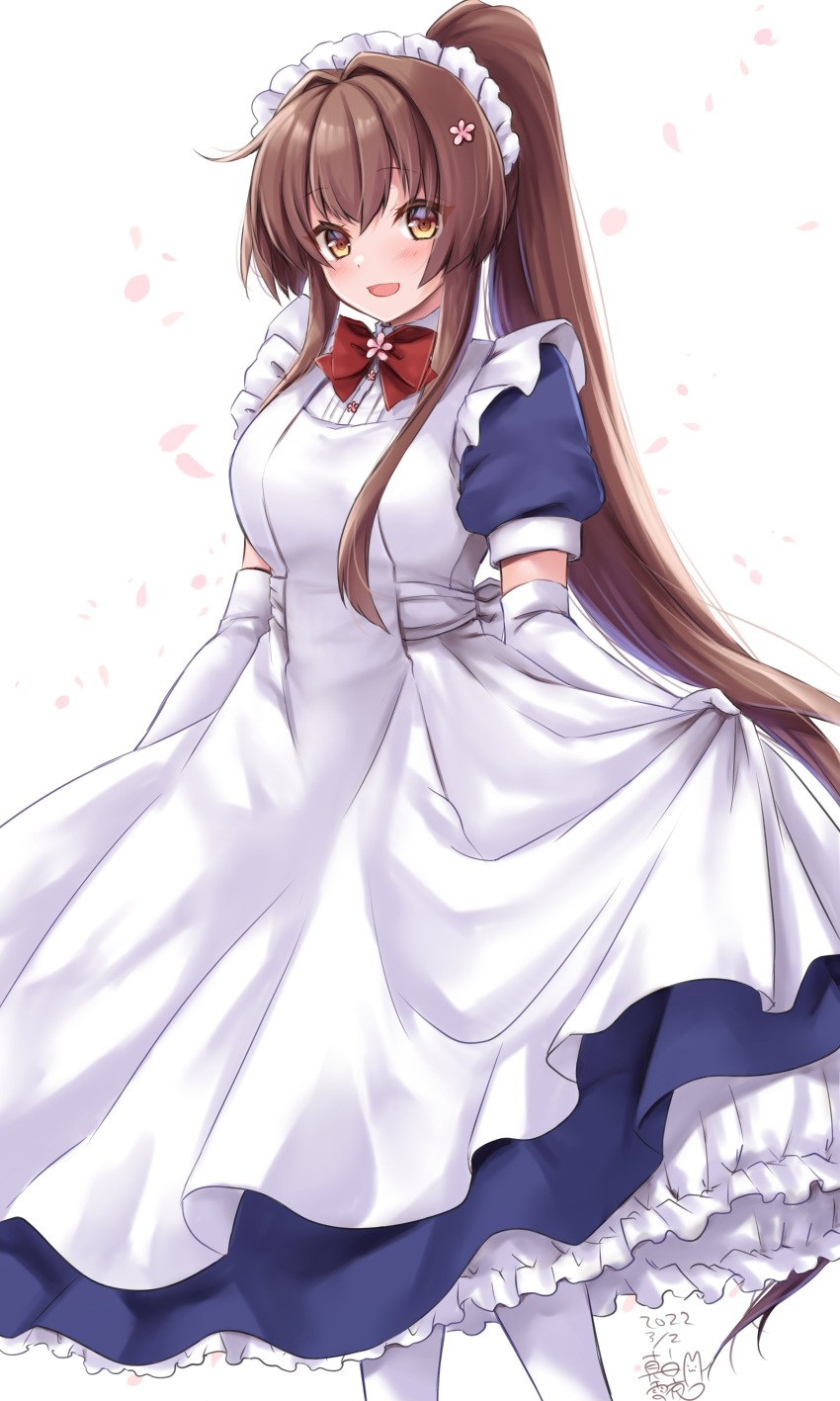 1girl absurdres alternate_costume apron blue_dress blush breasts brown_eyes brown_hair cherry_blossoms collared_dress cowboy_shot dated dress elbow_gloves enmaided eyebrows_visible_through_hair frilled_apron frills gloves hair_between_eyes headgear highres kantai_collection long_hair looking_at_viewer maid maid_apron maid_headdress mashiro_yukiya medium_breasts open_mouth pantyhose petals ponytail puffy_short_sleeves puffy_sleeves red_neckwear short_sleeves smile solo twitter_username white_apron white_background white_gloves white_legwear yamato_(kancolle)