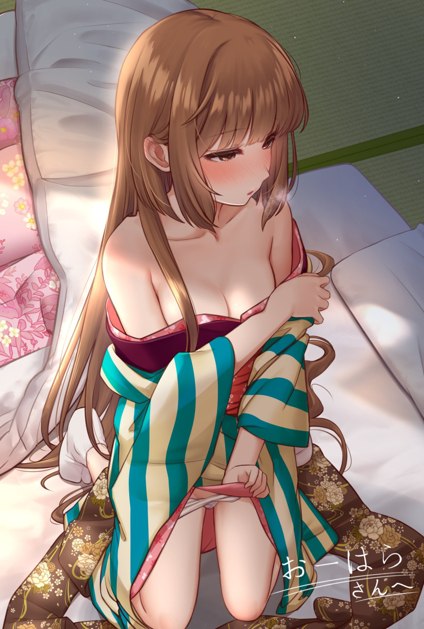 1girl absurdres bare_shoulders blush breasts breath brown_eyes brown_hair chiyosuke_(nosuke21) cleavage clothes_down commission floral_print full_body futon hair_down highres idolmaster idolmaster_cinderella_girls japanese_clothes kimono kimono_pull kneeling long_hair looking_to_the_side nose_blush obi panties panty_pull parted_lips sash second-party_source skeb_commission small_breasts socks solo striped striped_kimono tabi tatami underwear undressing vertical-striped_kimono vertical_stripes very_long_hair white_panties yorita_yoshino
