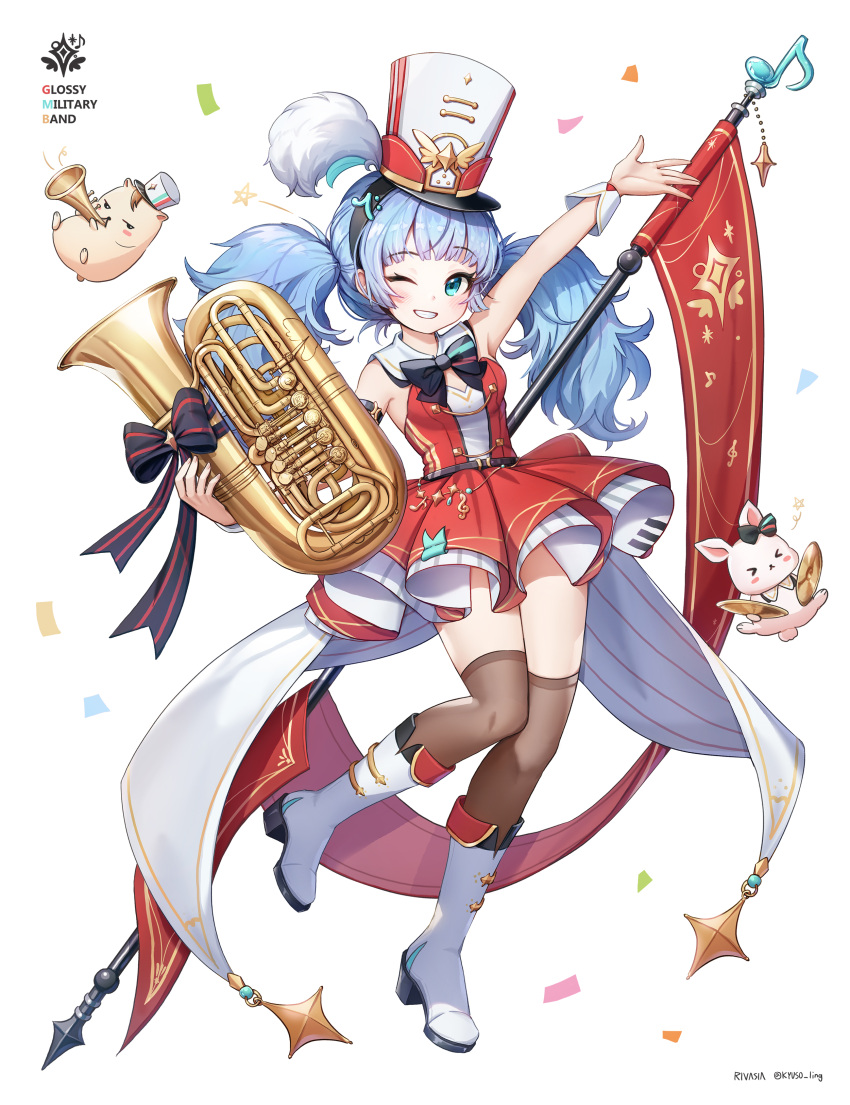 1girl ;) absurdres arm_up bangs black_bow black_bowtie blue_eyes blue_hair boots bow bowtie breasts brown_legwear bunny confetti dress eyebrows_visible_through_hair full_body grin hamster hat highres holding holding_instrument instrument instrument_request kasia0309 long_hair looking_at_viewer medium_breasts musical_note one_eye_closed original red_dress sleeveless sleeveless_dress smile solo thighhighs thighhighs_under_boots tuba twintails white_footwear wrist_cuffs