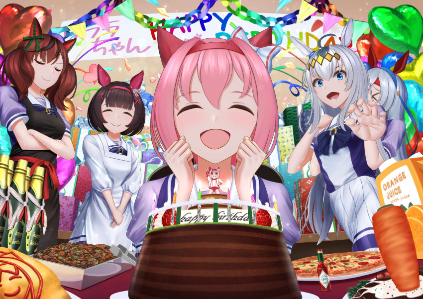 5girls absurdres animal_ears black_hair cake carrot closed_eyes commentary_request food happy_birthday haru_urara_(umamusume) headband highres horse_ears itsuki_toiro long_hair multiple_girls nice_nature_(umamusume) nishino_flower_(umamusume) oguri_cap_(umamusume) open_mouth pink_hair red_hair school_uniform short_hair silver_hair smile tamamo_cross_(umamusume) tracen_school_uniform umamusume