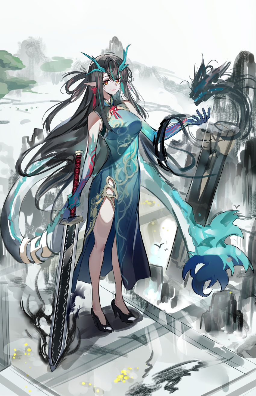 1girl absurdres arknights arm_tattoo black_footwear black_hair china_dress chinese_clothes dragon dragon_girl dragon_horns dragon_tail dress dusk_(arknights) dusk_(everything_is_a_miracle)_(arknights) echj flame-tipped_tail full_body green_dress green_hair green_skirt high_heels highres holding holding_sword holding_weapon horns long_hair looking_at_viewer multicolored_hair official_alternate_costume red_eyes skirt sleeveless sleeveless_dress solo standing streaked_hair sword tail tattoo very_long_hair wavy_hair weapon