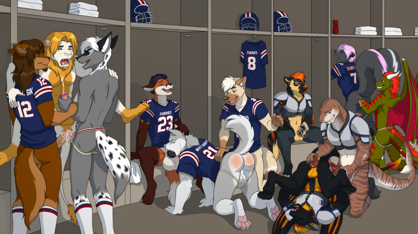 anal anal_fisting anal_penetration anthro ball balls canid canine canis clothing da_ti_(fursona) dapperhart domestic_dog double_anal double_penetration dragon felid fellatio fisting football_(ball) football_uniform fox genitals group hi_res holly_marie_ogburn improvised_sex_toy jockstrap lion male male/male mammal mephitid oral pantherine penetration penile penile_spines penis sex skunk spanking specterdragon underwear