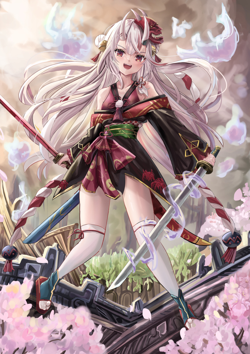 1girl bangs bell black_kimono blush cherry_blossoms commentary_request double_bun dual_wielding eyebrows_visible_through_hair floating_hair hair_bell hair_between_eyes hair_ornament highres holding holding_sword holding_weapon hololive horns japanese_clothes jingle_bell kimono long_hair looking_at_viewer mask mask_on_head multicolored_hair nakiri_ayame obi oni_horns oni_mask open_mouth outdoors red_eyes red_hair red_kimono sash shigiroid sidelocks streaked_hair sword thighhighs virtual_youtuber weapon white_hair white_legwear