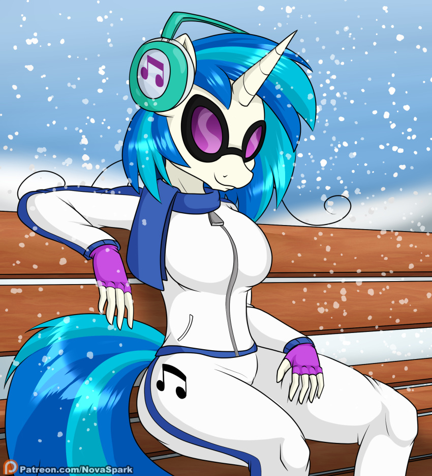 5_fingers anthro anthrofied bench blue_hair blue_tail clothing equid equine eyewear female fingerless_gloves fingers friendship_is_magic glasses gloves hair handwear hasbro headphones hi_res horn mammal my_little_pony novaspark patreon scarf signature sitting smile snow snowing solo unicorn vinyl_scratch_(mlp) white_body zipper