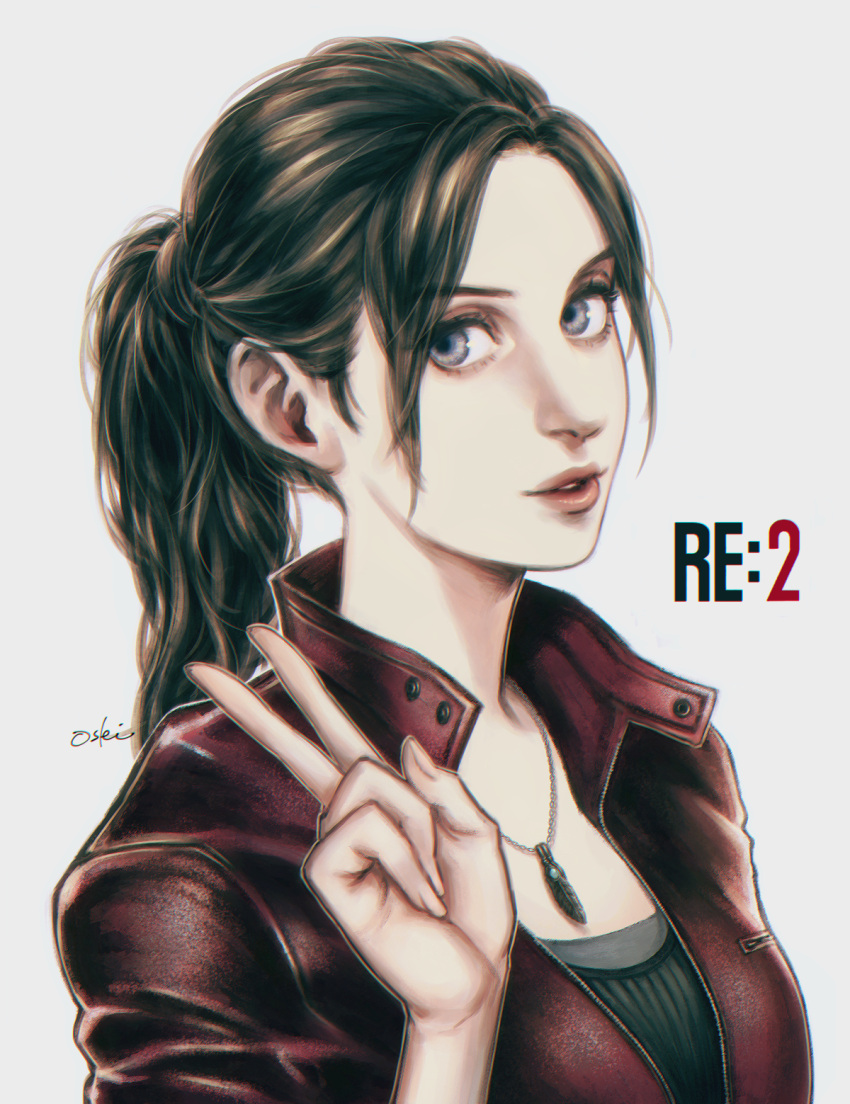1girl blue_eyes breasts brown_hair bullblink claire_redfield copyright_name highres jacket jewelry lipstick looking_at_viewer makeup necklace ponytail resident_evil resident_evil_2 short_hair signature simple_background solo v