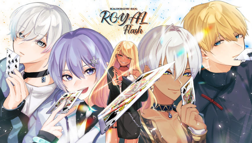 1girl 4boys bishounen black_choker black_jacket black_shirt blonde_hair blue_eyes blue_hair bobsappaim card choker collarbone collared_shirt colored_tips dark-skinned_female dark-skinned_male dark_skin ex_albio eyebrows_visible_through_hair hair_behind_ear hair_ornament head_tilt highres ho._(_o52_4) holding holding_card ibrahim_(nijisanji) jacket kaminari_qpi long_hair male_focus merise multicolored_hair multiple_boys necktie nijisanji original parted_lips pectoral_cleavage pectorals playing_card shirayuki_reid shirt smile smirk snowflake_hair_ornament virtual_youtuber vspo! white_necktie