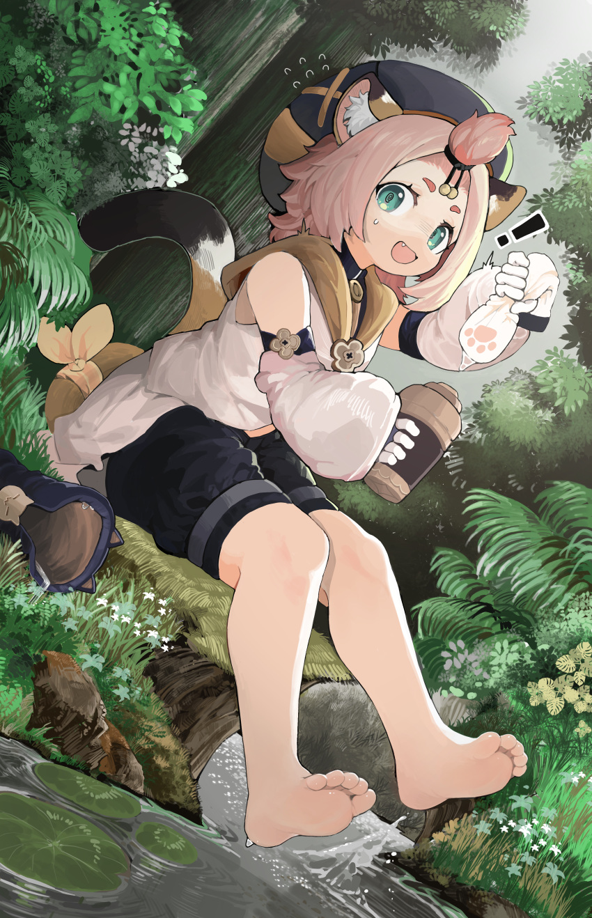 1girl absurdres animal_ear_fluff animal_ears bangs_pinned_back barefoot boots boots_removed cat_ears cat_girl cat_tail clover_print coin_hair_ornament detached_sleeves diona_(genshin_impact) feet full_body genshin_impact green_eyes hat highres legwear_removed looking_at_viewer menthako open_mouth paw_print_palms pink_hair puffy_detached_sleeves puffy_shorts puffy_sleeves short_hair shorts sitting soles tail