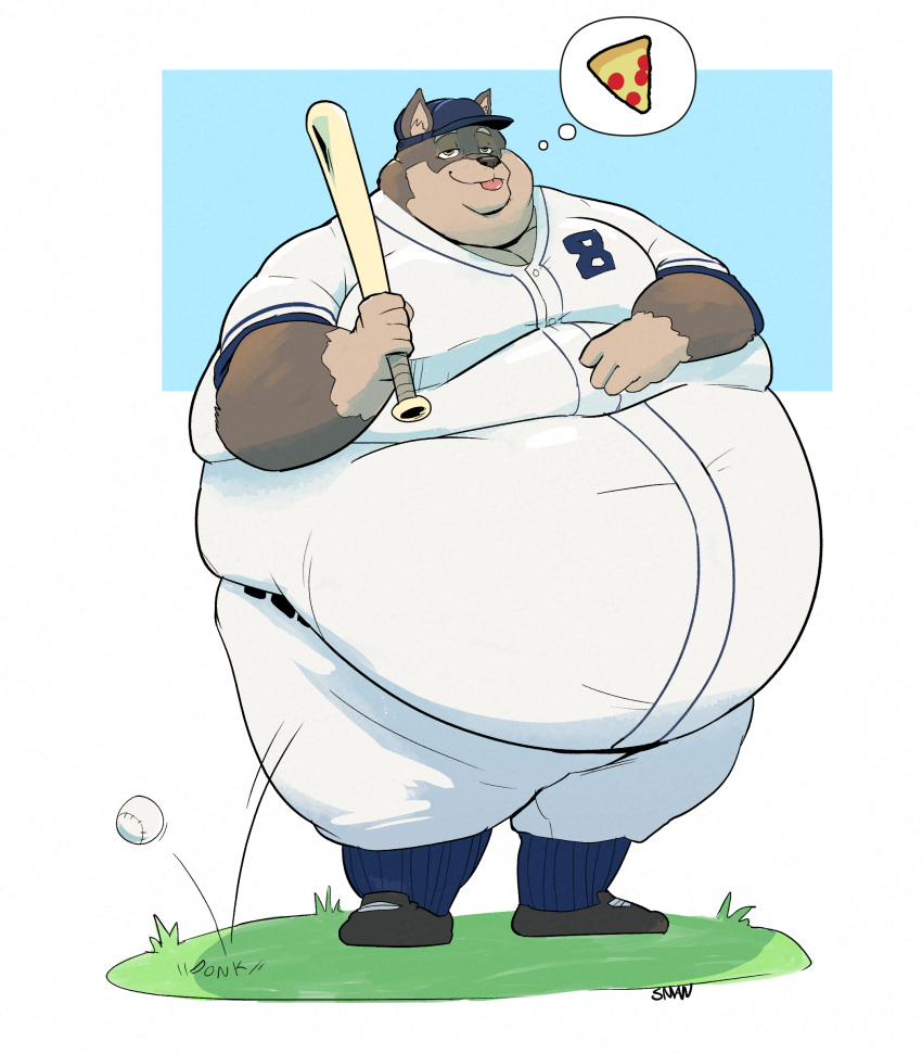 absurd_res anthro ball baseball_(ball) baseball_bat baseball_cap baseball_uniform bat_(object) belly big_belly blep canid canine clothed clothing daydream dewlap_(anatomy) double_chin food fur grey_body grey_fur hand_on_stomach hat headgear headwear hi_res holding_baseball_bat love_handles male mammal moobs obese obese_anthro obese_male outside overweight overweight_anthro overweight_male pizza s-man solo sportswear standing thick_thighs thought_bubble tongue tongue_out uniform