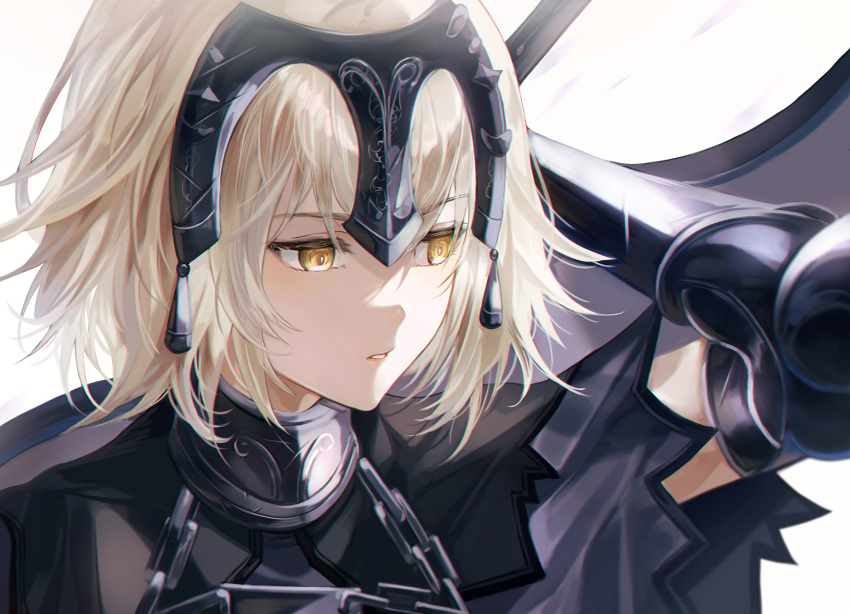 1girl armor black_armor blonde_hair chain expressionless fate/grand_order fate_(series) headpiece highres jeanne_d'arc_(alter)_(fate) jeanne_d'arc_(fate) kou_(184756o) looking_away parted_lips short_hair solo upper_body white_background yellow_eyes