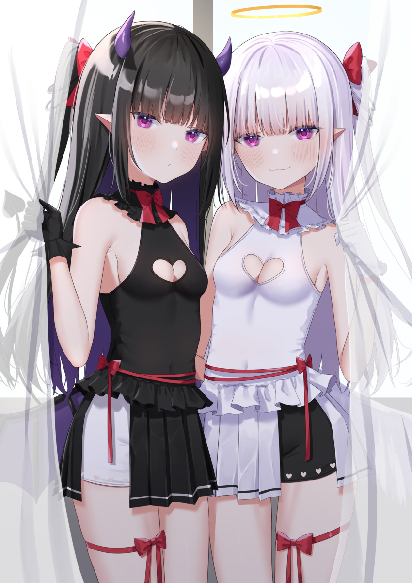2girls :3 absurdres bangs bare_arms black_gloves black_hair black_shirt black_shorts black_skirt blunt_bangs blush bow bowtie breasts cleavage cleavage_cutout closed_mouth clothing_cutout cowboy_shot demon_tail gloves hair_bow halo heart_cutout highres horns long_hair looking_at_viewer miniskirt multicolored_hair multiple_girls original pleated_skirt purple_eyes purple_hair red_bow red_bowtie red_ribbon ribbon shiny shiny_hair shirt short_shorts shorts side_ponytail sideboob silver_hair skirt sleeveless sleeveless_shirt small_breasts standing symbol-only_commentary tail thigh_bow thigh_gap thigh_ribbon two-tone_hair very_long_hair white_gloves white_shirt white_shorts white_skirt yuteke_key