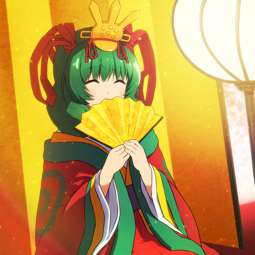 1girl bangs blush closed_eyes covered_mouth eyebrows_visible_through_hair folding_fan front_ponytail green_hair hand_fan highres hinamatsuri kagiyama_hina shirosato sitting solo tagme touhou