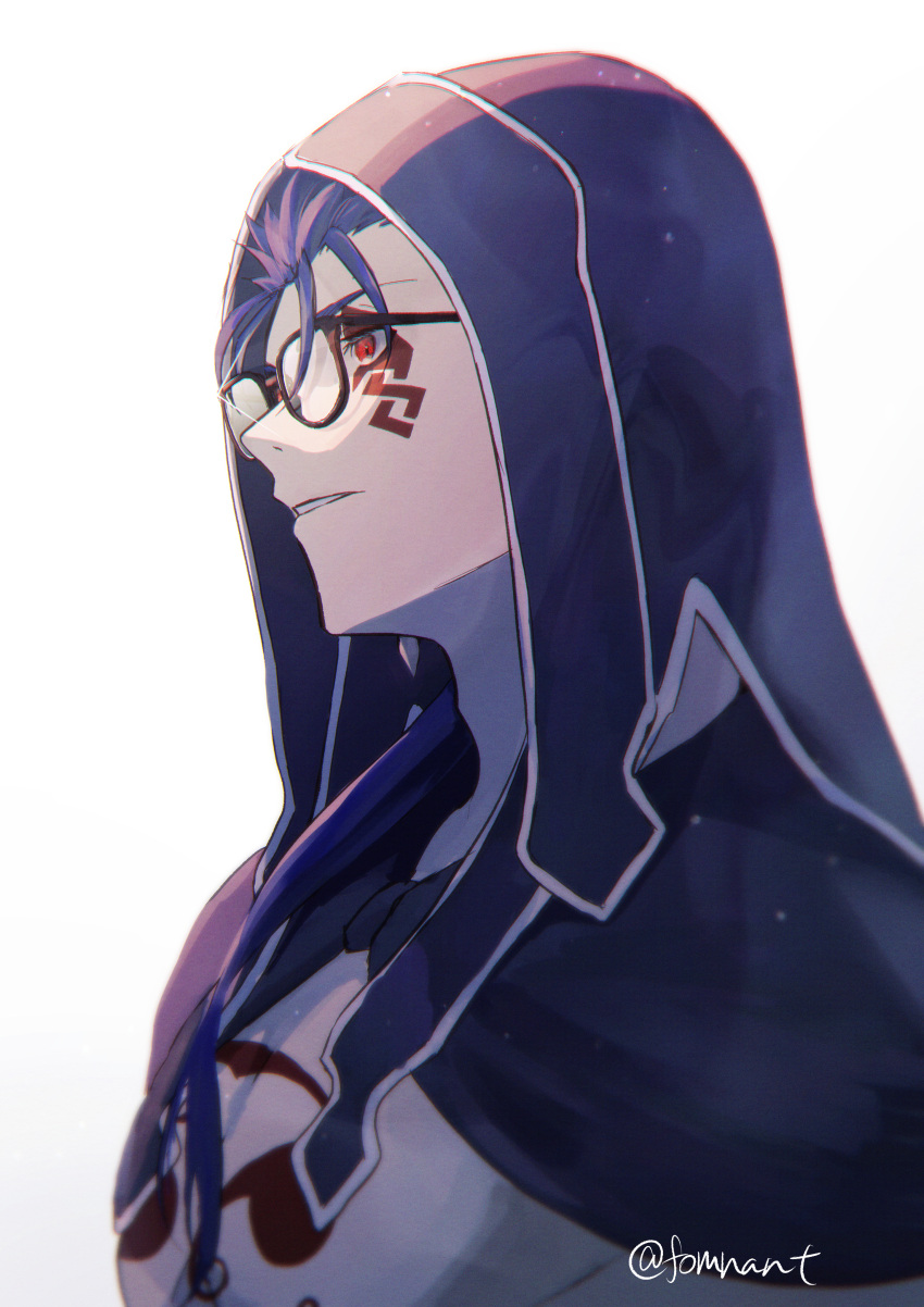 1boy absurdres blue_hair chest_tattoo cu_chulainn_(fate) cu_chulainn_alter_(fate/grand_order) detached_hood facial_mark fate/grand_order fate_(series) from_side glasses hair_over_shoulder hair_strand highres hood long_hair looking_away male_focus moto_u_toe_say profile simple_background solo tattoo twitter_username upper_body white_background