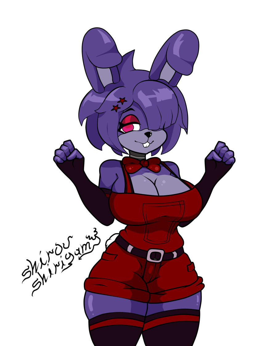 absurd_res animatronic anthro big_breasts bonnie_(cally3d) bonnie_(fnaf) bow_tie breasts cleavage clothed clothing female five_nights_at_freddy's fredina's_nightclub hair hi_res humanoid lagomorph legwear leporid looking_at_viewer machine mammal overalls purple_body rabbit robot scottgames shirou_shirigamy simple_background smile solo stockings thick_thighs thigh_highs video_games white_background