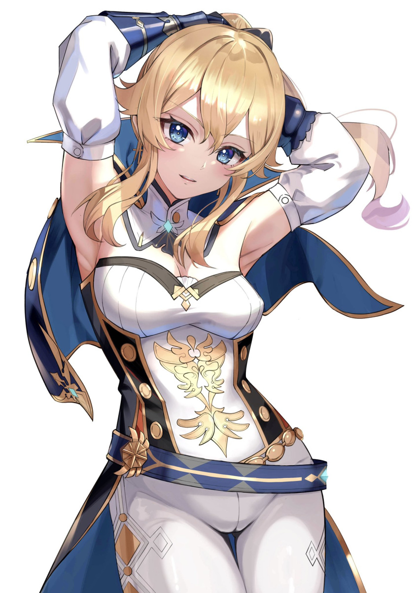 1girl argyle argyle_legwear armpits arms_behind_head belt blonde_hair blue_eyes breasts capelet cleavage commentary cowboy_shot detached_sleeves eyebrows_visible_through_hair genshin_impact gold_trim hair_between_eyes hair_ornament hair_over_shoulder highres jean_(genshin_impact) long_bangs long_hair looking_at_viewer medium_breasts open_mouth parted_lips ponytail shakkiyi shiny shiny_hair sidelocks simple_background solo thigh_gap white_background white_legwear