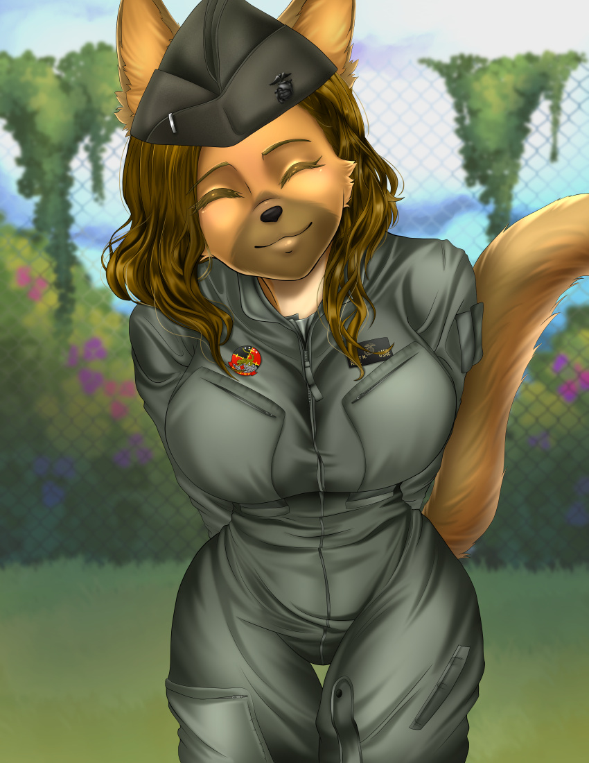 absurd_res anthro ashley_valentine athletic big_breasts breasts canid canine canis clothing detailed dirty_blonde_hair domestic_dog female flight_suit german_shepherd herding_dog hi_res jercorgi mammal marines military military_uniform officer pastoral_dog solo thick_thighs uniform usmc wide_hips