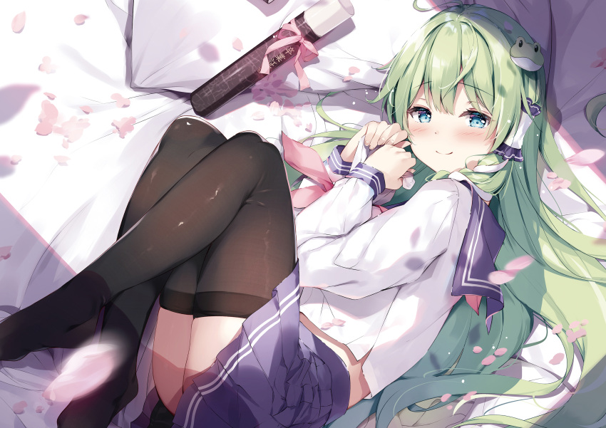 1girl bangs black_legwear blue_eyes blush closed_mouth collared_shirt eyebrows_visible_through_hair fetal_position frog_hair_ornament from_above green_hair hair_between_eyes hair_intakes hair_ornament hair_tubes highres indoors kochiya_sanae long_hair long_sleeves looking_at_viewer lying miniskirt miyase_mahiro neckerchief on_side petals pink_neckerchief pleated_skirt purple_sailor_collar purple_skirt sailor_collar sailor_shirt school_uniform serafuku shiny shiny_hair shirt skirt smile solo thighhighs touhou very_long_hair white_shirt zettai_ryouiki