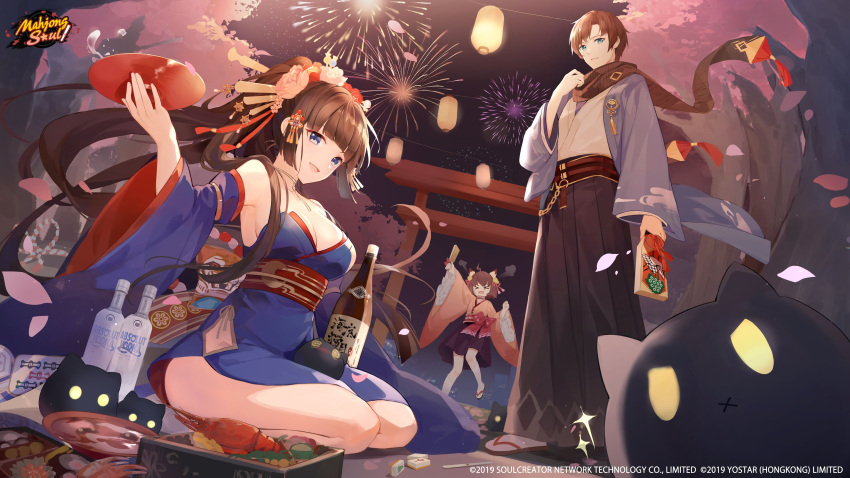 &gt;o&lt; 1boy 2girls absurdres alcohol angry animal_ears artist_request bangs blue_eyes bottle branch brown_hair cat_ears copyright corked_bottle dutch_angle firework_background fireworks flower food green_eyes hair_flower hair_ornament hairpin highres ichihime japanese_clothes lantern leaf lobster mahjong mahjong_soul mahjong_tile multiple_girls nadeshiko_(mahjong_soul) obi open_mouth paper_lantern petals sake sandals sash scarf shinomiya_natsuki_(mahjong_soul) steam_from_ears torii tree vodka