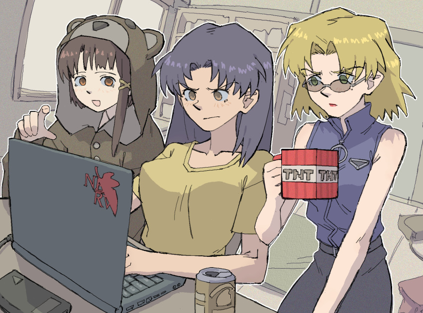 3girls :/ :d absurdres akagi_ritsuko alcohol animal_hood at_computer bangs bear_hood beer beer_can black_skirt blonde_hair blue_hair blue_shirt bookshelf breasts brown_eyes brown_hair can closed_mouth coffee_mug collarbone commentary commission computer crossover cup desk dutch_angle english_commentary eyebrows_visible_through_hair furrowed_brow green_eyes hair_ornament hand_up high_collar highres holding holding_cup hood hood_up index_finger_raised indoors iwakura_lain katsuragi_misato laptop light_blush long_hair long_sleeves looking_at_screen medium_breasts medium_hair minecraft mug multiple_girls neon_genesis_evangelion nerv open_mouth outline pajamas pantsu-ripper parted_bangs pencil_skirt red_lips serial_experiments_lain shirt shirt_tucked_in short_sleeves single_sidelock sitting skirt sleeveless sleeveless_shirt smile standing sunglasses upper_body white_outline window x_hair_ornament yellow_shirt