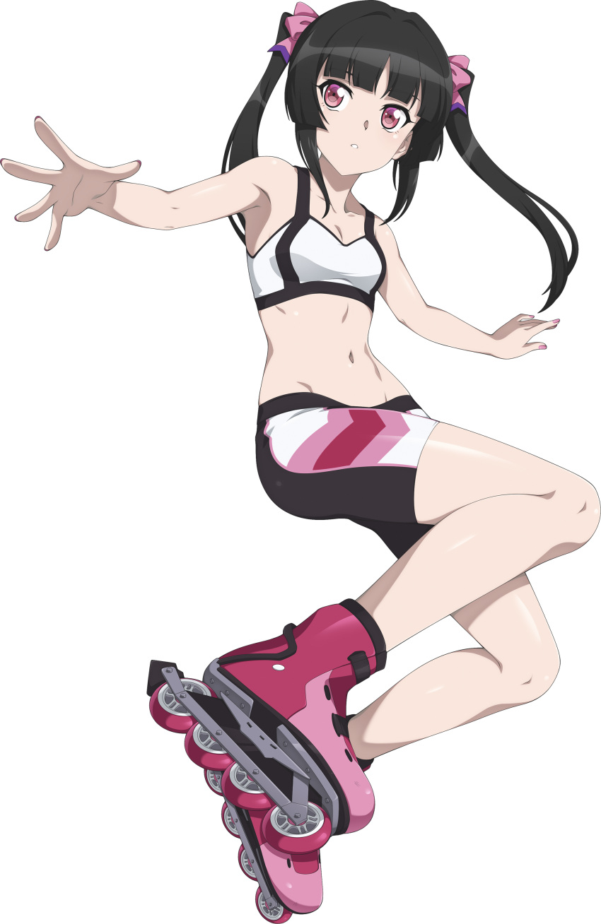 1girl absurdres bike_shorts black_hair black_shorts bow breasts chuunioniika cleavage collarbone floating_hair full_body groin hair_bow hair_intakes highres long_hair looking_to_the_side midriff nail_polish navel outstretched_arms parted_lips pink_bow pink_footwear pink_nails red_eyes roller_skates senki_zesshou_symphogear shiny shiny_hair shiny_skin shorts skates small_breasts solo sports_bra stomach transparent_background tsukuyomi_shirabe white_sports_bra