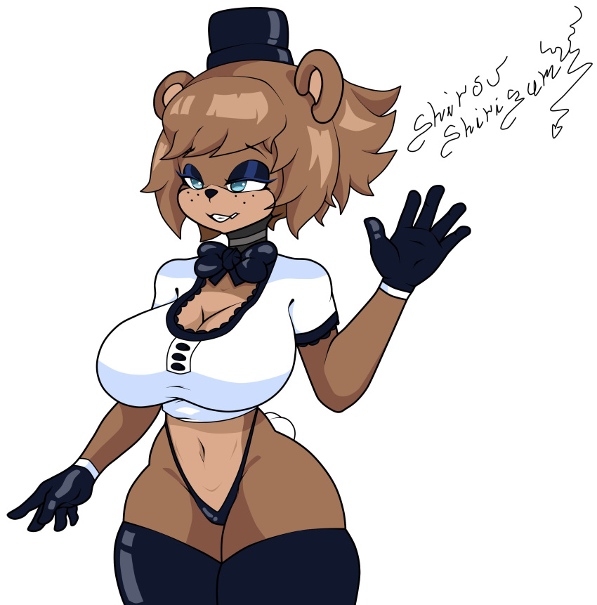 absurd_res animatronic anthro big_breasts bow_tie breasts brown_body cleavage clothed clothing female five_nights_at_freddy's freddy_(fnaf) fredina's_nightclub fredina_(cally3d) gesture hair hat headgear headwear hi_res humanoid legwear machine mammal robot scottgames shirou_shirigamy simple_background smile solo stockings thick_thighs thigh_highs thong underwear ursid video_games waving white_background