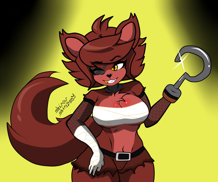 absurd_res animatronic anthro big_breasts bottomwear breasts canid canine cleavage clothed clothing eye_patch eyewear female five_nights_at_freddy's fox foxy_(cally3d) foxy_(fnaf) fredina's_nightclub gold_(metal) gold_tooth hair hi_res hook hook_hand hotpants humanoid legwear looking_at_viewer machine mammal red_body robot scottgames shirou_shirigamy shorts simple_background smile solo spotlight thick_thighs thigh_highs video_games