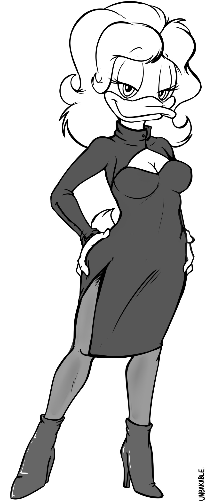 absurd_res anatid anseriform anthro avian bird breasts cleavage cleavage_cutout clothed clothing duck eyelashes female greyscale hair hands_on_hips hi_res high_heels looking_at_viewer monochrome simple_background solo standing unbakable white_background
